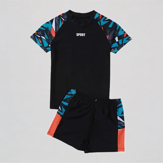 REDARER Boys' 2-Piece Swim Set – "SPORT" Graphic Rash Guard + Geometric Accent Trunks, Comfortable Pool & Beach Swimwear,170