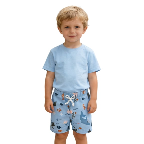 REDARER Boys 2 Piece Swim Set Solid Short Sleeve Rash Guard with Ocean Animal Print Swim Trunks Bathing Suit,18-24 Months