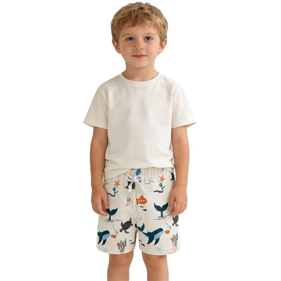 REDARER Boys 2 Piece Swim Set Solid Short Sleeve Rash Guard with Ocean Animal Print Swim Trunks Bathing Suit,6-12 Months