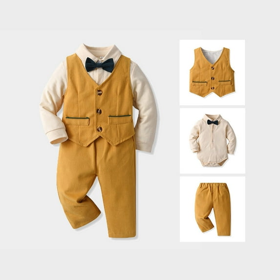 REDARER Boys 4PC Gentleman Set: Romper Coat Tie+Pants, Formal Bodysuit Outfit, Kids Sets Clothes, for Size 3-6 Months