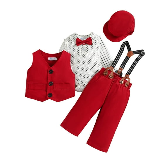 REDARER Boys 4PC Print Set: Romper Vest Hat & Pants, Spring Fall Play Outfit for Baby Toddler, Kids Sets Clothes, for Size 12-18 Months