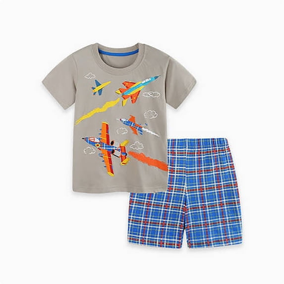 REDARER Boys Airplane Graphic Tee & Blue Plaid Shorts, Casual Playwear Summer Set,6-7 Years