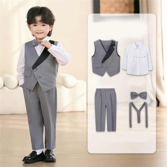 REDARER Boys British Style Tuxedo Set, 5-Piece Pageant Outfit with Vest Shirt Pants Bow Tie Suspenders, Formal Wedding Party Wear,Size:2-3 Years