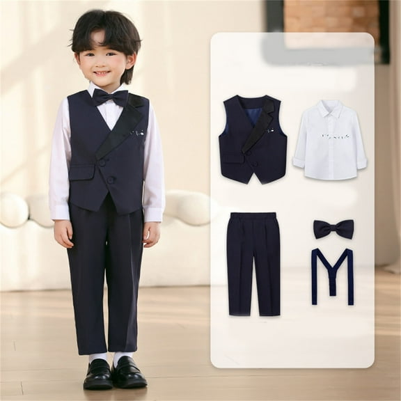 REDARER Boys British Style Tuxedo Set, 5-Piece Pageant Outfit with Vest Shirt Pants Bow Tie Suspenders, Formal Wedding Party Wear,Size:3-4 Years
