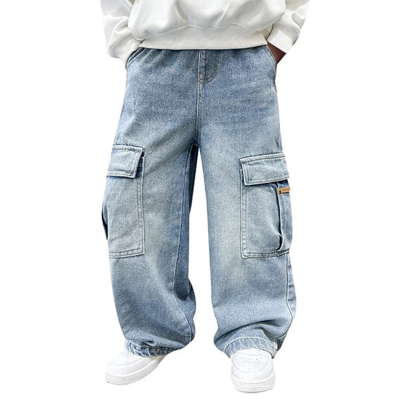 REDARER Boys Straight Leg Jeans Loose Fit Denim Pants with Pockets, Casual Cargo Style Trousers for Kids Spring Wear Everyday Pants,140