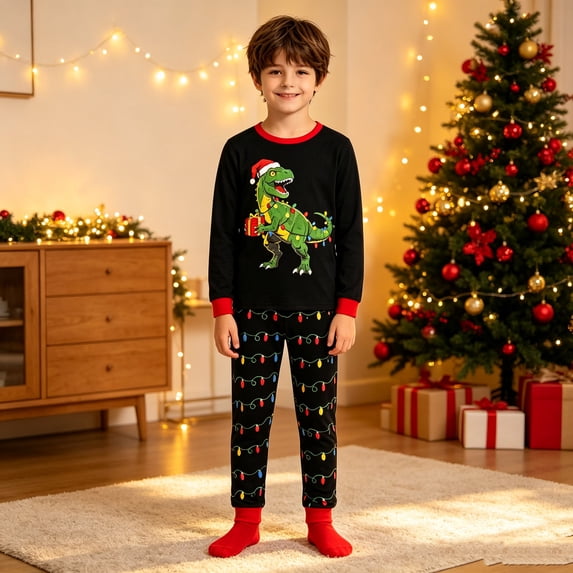 REDARER Boys Christmas Dinosaur Print Two Piece Pajama Set Long Sleeve Top and String Light Pants Soft Loungewear for Christmas Eve Family Holiday Sleepwear,6-7 Years
