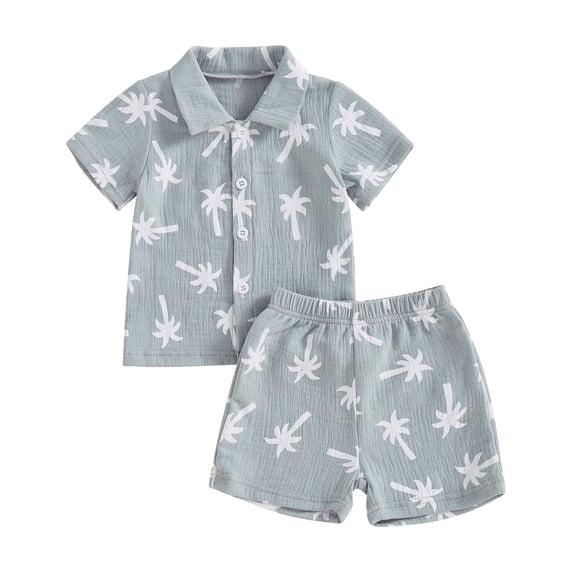 REDARER Boys Cotton Muslin Tree Print Shirt & Shorts, 2-Piece Casual Beachwear Set,18-24 Months
