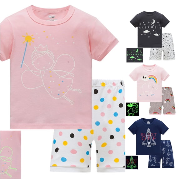 REDARER Boys Crew Neck Short Sleeve Glow In Dark Print Tee Elastic Waist Star Shorts 2Pc Soft Night Sleep Pajama Set,3-4 Years