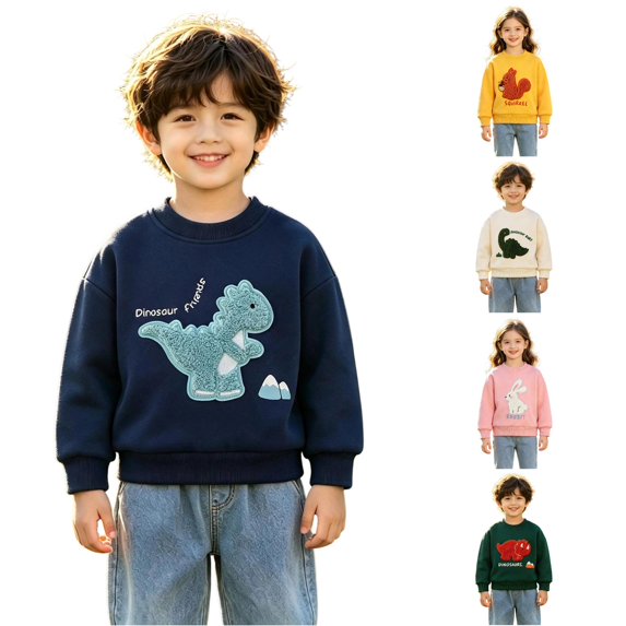 REDARER Boys Crewneck Pullover Sweatshirt Soft Long Sleeve Top with Dinosaur Embroidery Cartoon Design Casual Loose Fit Shirt for Autumn Daily Wear,6-7 Years