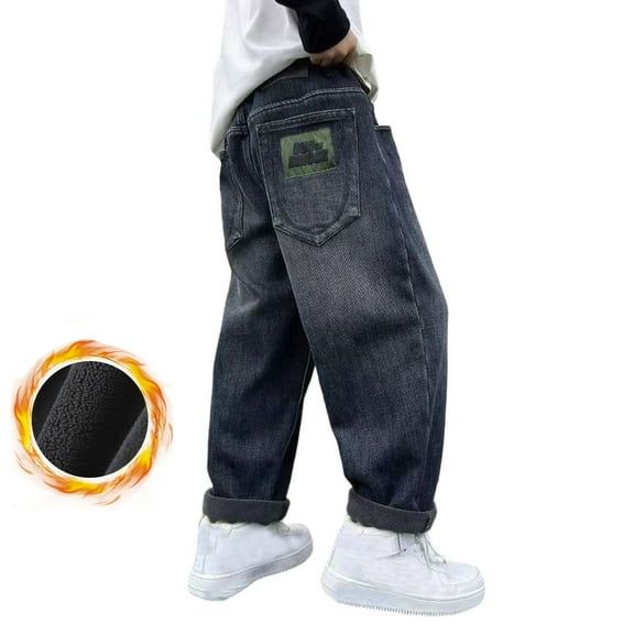 REDARER Boys Lined Jeans, Winter Loose Fit Straight Leg Pants for Kids, Comfortable Soft Warm Trousers,Size:11-12 Years