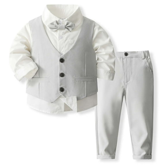 REDARER Boys Formal Suit Set - 3-Piece Dress Shirt + Vest + Pants with Bow Tie, Wedding & Outfit for Kids,Color:X2 Grey,Size:3-4 Years