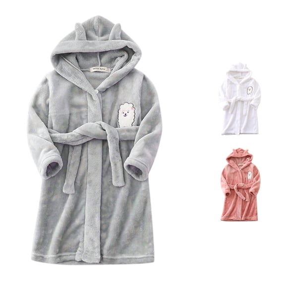 REDARER Boys Girls Cartoon Hooded Bathrobe Sheep Chest Embroidery Self Tie Belt Ultra Soft Warm Flannel Kids Sleep Robe,1-2 Years