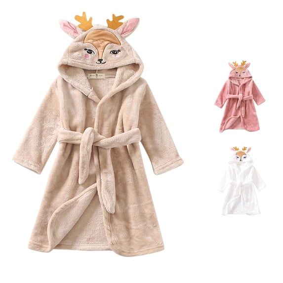 REDARER Boys Girls Cute 3D Deer Hooded Bathrobe Self Tie Belt Ultra Soft Warm Flannel Cartoon Kids Sleep Bath Robe,2-3 Years