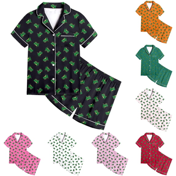 REDARER Boys Girls Dinosaur 2 Piece Satin Pajamas Short Sleeve Button Up Shorts Casual Sleepwear Set,4-5 Years