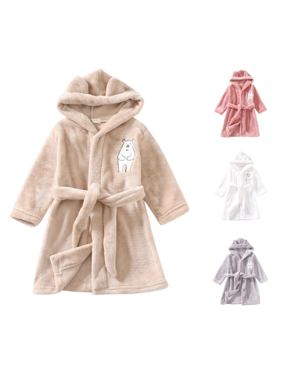 Boys Girls Polar Bear Hooded Bathrobe Bear Ear Hood Self Tie Belt Ultra Soft Flannel Warm Kids Cartoon Sleep Robe,1-2 Years
