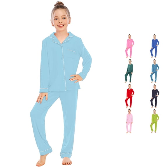 REDARER Boys Girls Solid 2 Piece Pajamas Long Sleeve Lapel Button Up White Loose Comfort Sleep Pants Set,7-8 Years