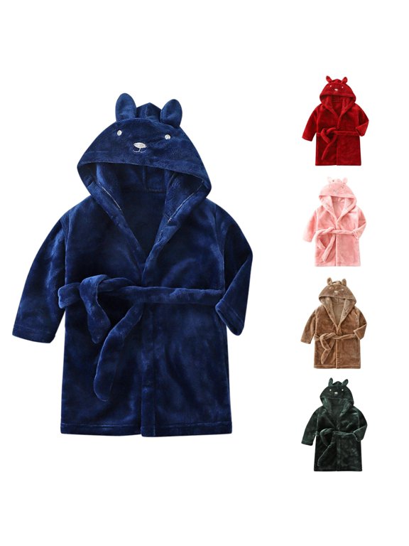Boys Girls Solid Bear Hooded Bathrobe Bear Ear Hood Self Tie Belt Ultra Soft Warm Flannel Kids Sleep Bath Robe,3-4 Years