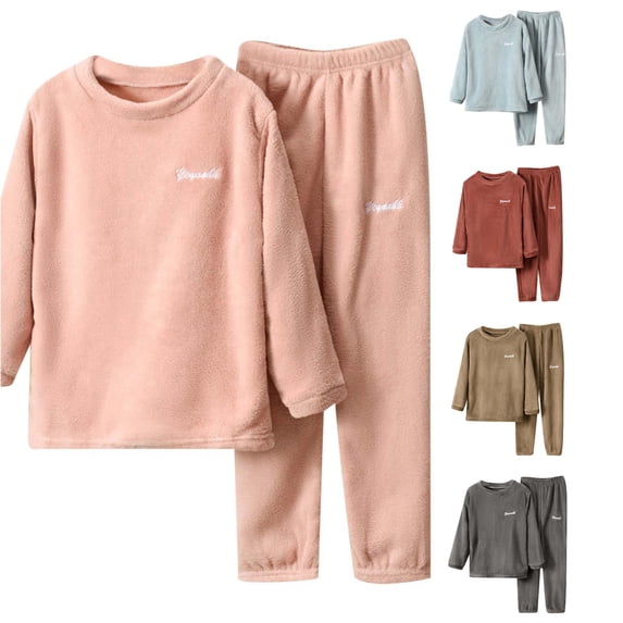REDARER Boys Girls Solid Letter Embroidery PJs Long Sleeve Crew Neck Soft Flannel Elastic Pants Cozy Winter Kids Home Sleep Set,13-14 Years