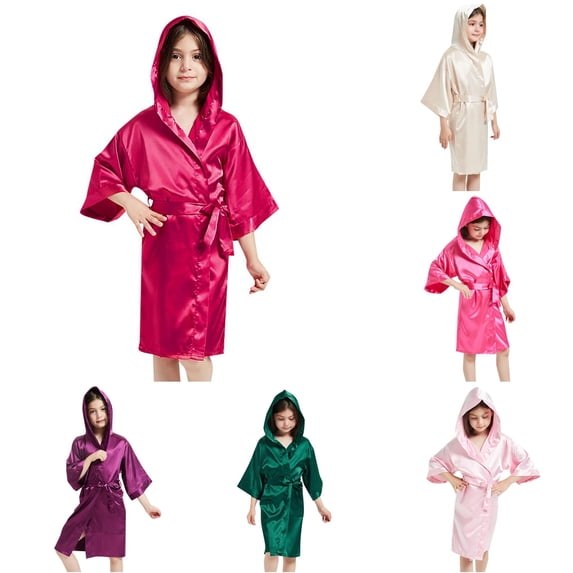 REDARER Boys Girls Solid Satin Hooded Robe 3/4 Wide Sleeve Self Belt Soft Silky Kids Bath Spa Sleep Kimono Cover Up,10-12 Years
