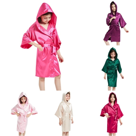 REDARER Boys Girls Solid Satin Hooded Robe 3/4 Wide Sleeve Self Belt Soft Silky Kids Bath Spa Sleep Kimono Cover Up,5-6 Years