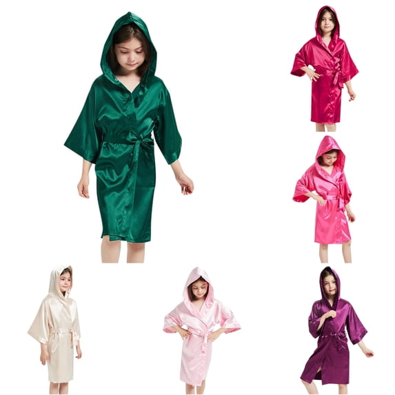 REDARER Boys Girls Solid Satin Hooded Robe 3/4 Wide Sleeve Self Belt Soft Silky Kids Bath Spa Sleep Kimono Cover Up,6-7 Years