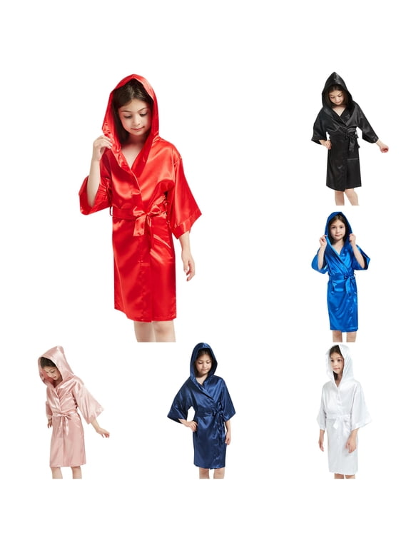 Boys Girls Solid Satin Hooded Robe V Neck 3/4 Sleeve Self Belt Soft Silky Kids Spa Bath Sleep Kimono Cover Up,6-7 Years