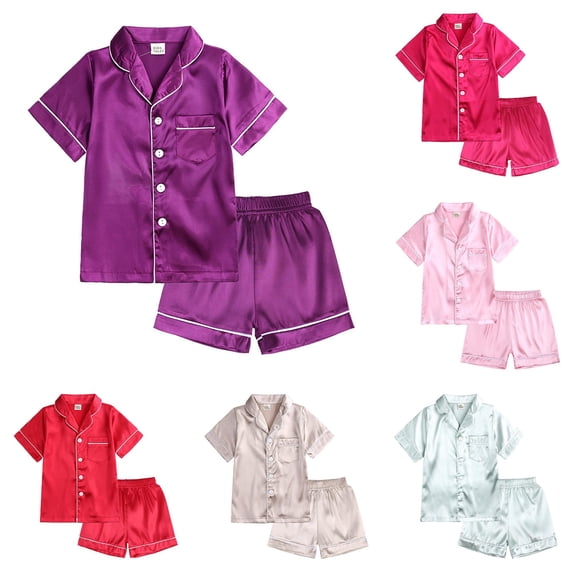REDARER Boys Girls Solid Satin PJs Lapel Short Sleeve Button Top Matching Elastic Shorts Soft Silky Summer Kids Sleepwear Set,8-9 Years