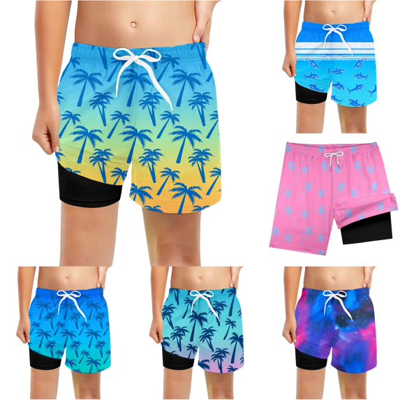 REDARER Boys Gradient Tree Print Swim Trunks Drawstring Waist Built In Compression Liner Summer Beach Board Shorts,5-6 Years