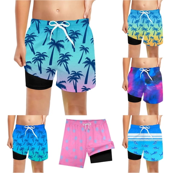 REDARER Boys Gradient Tree Print Swim Trunks Drawstring Waist Built In Compression Liner Summer Beach Board Shorts,8-9 Years