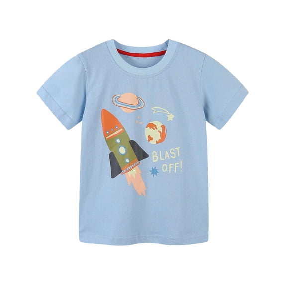 REDARER Boys Light Blue Rocket Space Graphic Short Sleeve Crew Neck Tee Casual Kids Everyday T-Shirt,7-8 Years