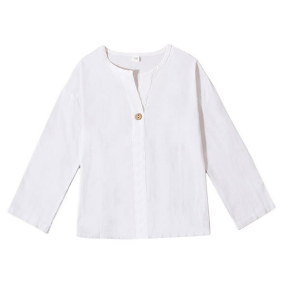 REDARER Boys Linen 3/4 Sleeve Shirt Comfortable Breathable V-Neck Top Casual Plain Tee Kids Spring Fall Outfit,Color:1 White,Size:6-7 Years