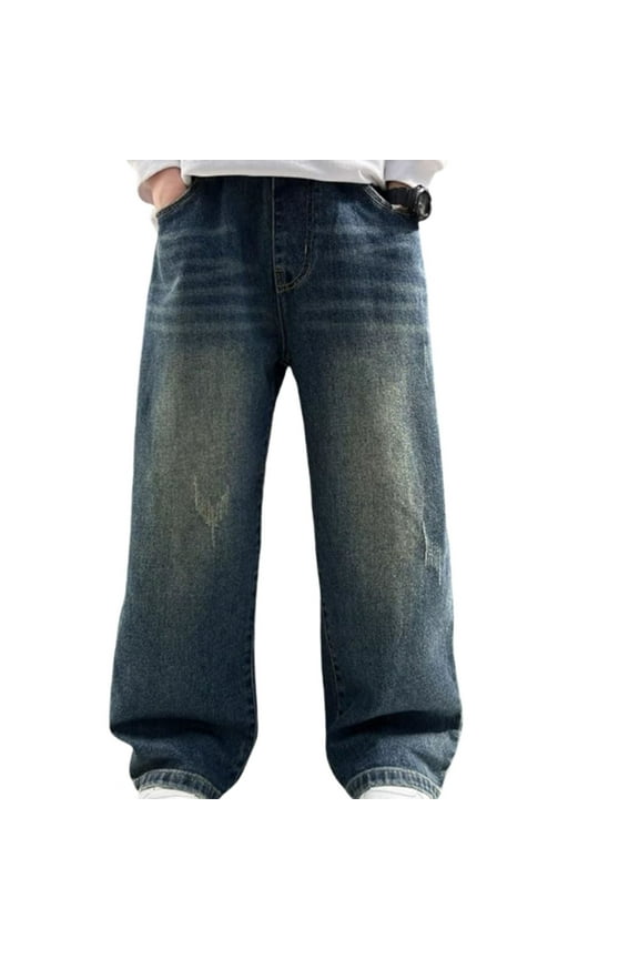 Boys Relaxed Fit Jeans with Elastic Waistband, Casual Loose Fit Trousers for Kids Everyday Comfort Denim Pants,5-6 Years