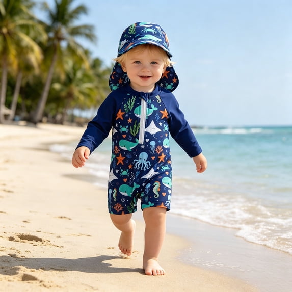 REDARER Boys Sea Life Print Rash Guard Set, One Piece Swimsuit with Matching Sun Hat for Beach,2-3 Years