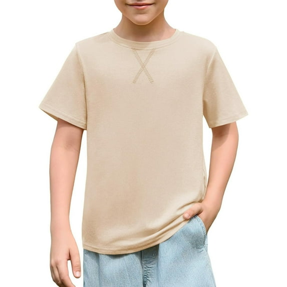 REDARER Boys Short Sleeve T-Shirt Crew Neck Casual Top Comfortable Summer Tee For Kids Everyday Basic Wear,Color:Khaki,Size:3-4 Years