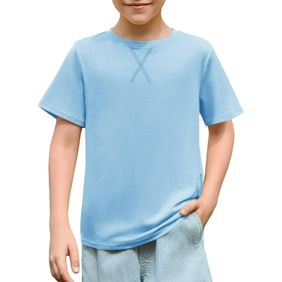 REDARER Boys Short Sleeve T-Shirt Crew Neck Casual Top Comfortable Summer Tee For Kids Everyday Basic Wear,Color:Light Blue,Size:9-10 Years