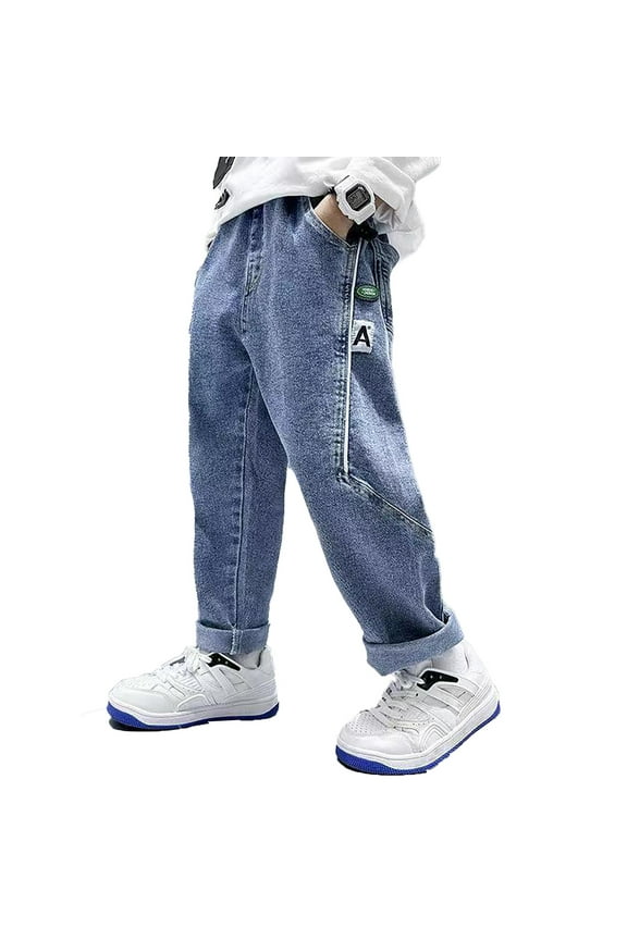 Boys' Straight Leg Denim Pants with Pockets - Comfortable Casual Jeans for Kids, Stretch Fit Outdoor Everyday Wear,Size:12-13 Years