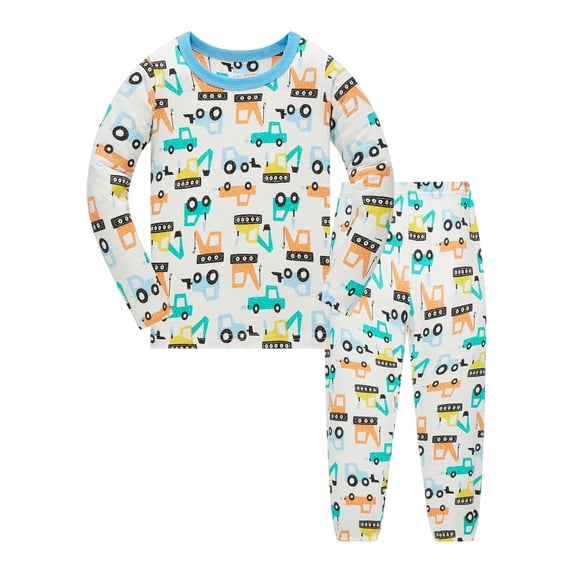 REDARER Boys Two Piece Cotton Pajama Set Crew Neck Long Sleeve Top Matching Pants Construction Vehicle Full Print Soft Loungewear Outfit for Kids Night Sleep Daily Wear,6-12 Months