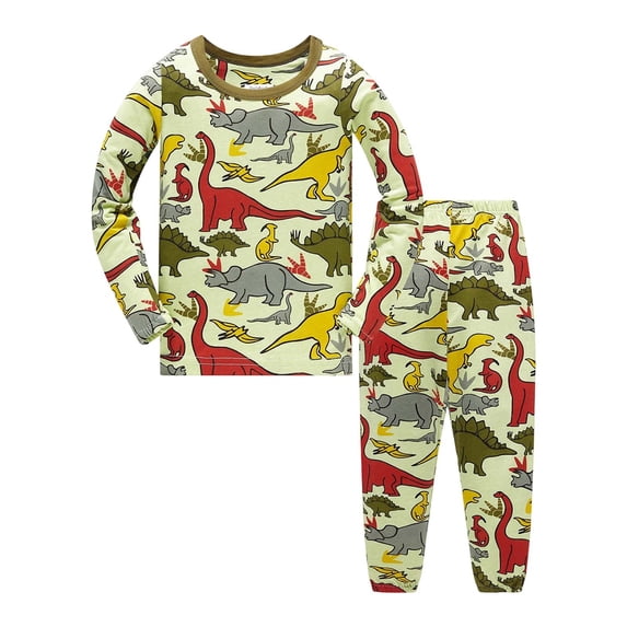 REDARER Boys Two Piece Cotton Pajama Set Crew Neck Long Sleeve Top Matching Pants Dinosaur Print Soft Breathable Loungewear Outfit for Kids Night Sleep Daily Wear,7-8 Years