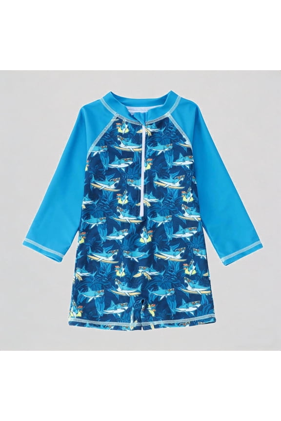 Boys UPF 50+ One Piece Rash Guard, Long Sleeve Cartoon Print Swimsuit for Beach Pool Summer Sun Protection,12-18 Months