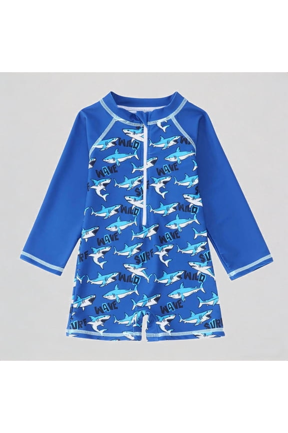 Boys UPF 50+ One Piece Rash Guard, Long Sleeve Cartoon Print Swimsuit for Beach Pool Summer Sun Protection,9-12 Months