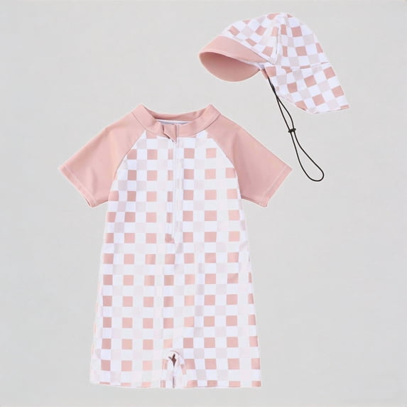 REDARER Boys UPF 50+ One Piece Rash Guard Set, Short Sleeve Checkerboard Print Swimsuit with Sun Hat for Beach Pool Water Play,3-6 Months