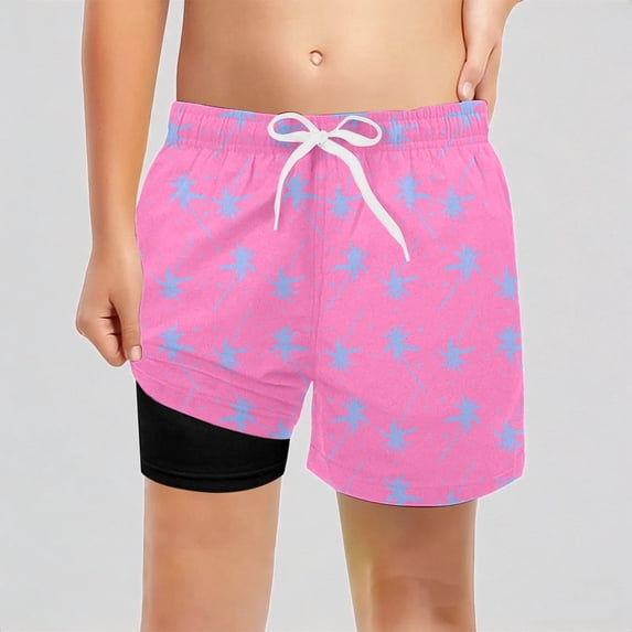 REDARER Boys UPF 50+ Swim Trunks with Compression Liner, Gradient Tree Print Board Shorts for Beach Pool Swimming,10-12 Years