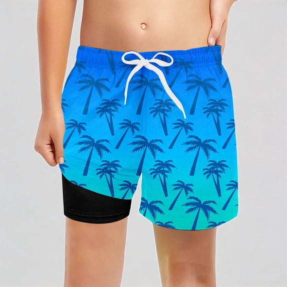 REDARER Boys UPF 50+ Swim Trunks with Compression Liner, Gradient Tree Print Board Shorts for Beach Pool Swimming,14-16 Years