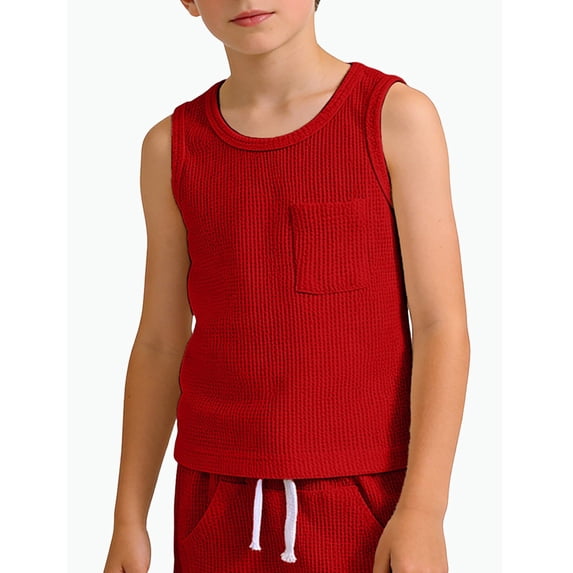 REDARER Boys Waffle Knit Sleeveless Crew Neck Tank Top with Pocket Casual Athletic Basic Undershirt for Kids,8-9 Years