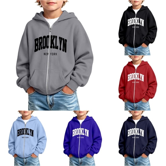 REDARER Boys Zip Up Hoodie Soft Sweatshirt with Brooklyn New York Letter Print Kangaroo Pockets Casual Outerwear for Fall Winter School Wear,11-12 Years