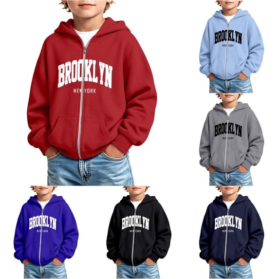REDARER Boys Zip Up Hoodie Soft Sweatshirt with Brooklyn New York Letter Print Kangaroo Pockets Casual Outerwear for Fall Winter School Wear,4-5 Years
