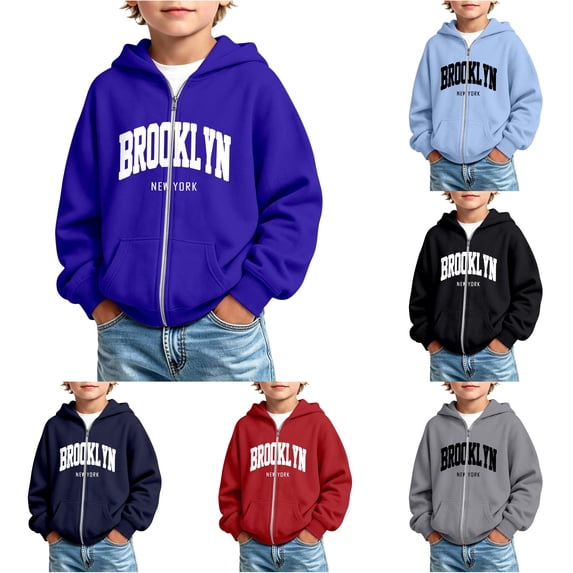 REDARER Boys Zip Up Hoodie Soft Sweatshirt with Brooklyn New York Letter Print Kangaroo Pockets Casual Outerwear for Fall Winter School Wear,5-6 Years