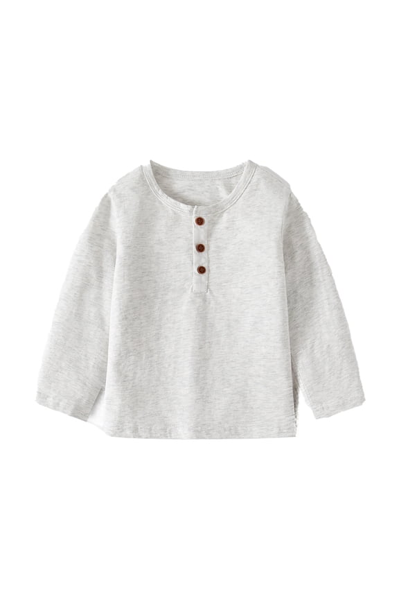 Boys and Girls Solid Color Round Neck Button Placket Long Sleeve Cotton Blend Comfortable Kids Casual T-Shirt Top,4-5 Years