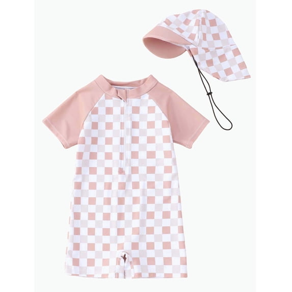 REDARER Checkerboard Half Zip Short Sleeve One Piece Rash Guard & Sun Hat Set (Toddler Boys) 2-Piece,3-6 Months