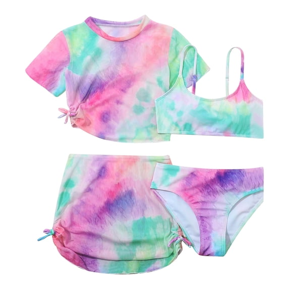 REDARER Children's 4 Piece Swimsuit Girls Tie Dye Personality Split Swimsuit Bikini Set,Girls Swimsuit,7-8 Years